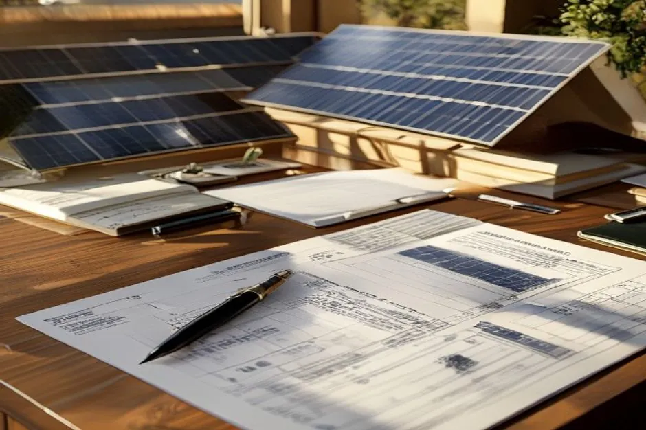Illustration générée d’un dossier administratif photovoltaïque préparé sur une table