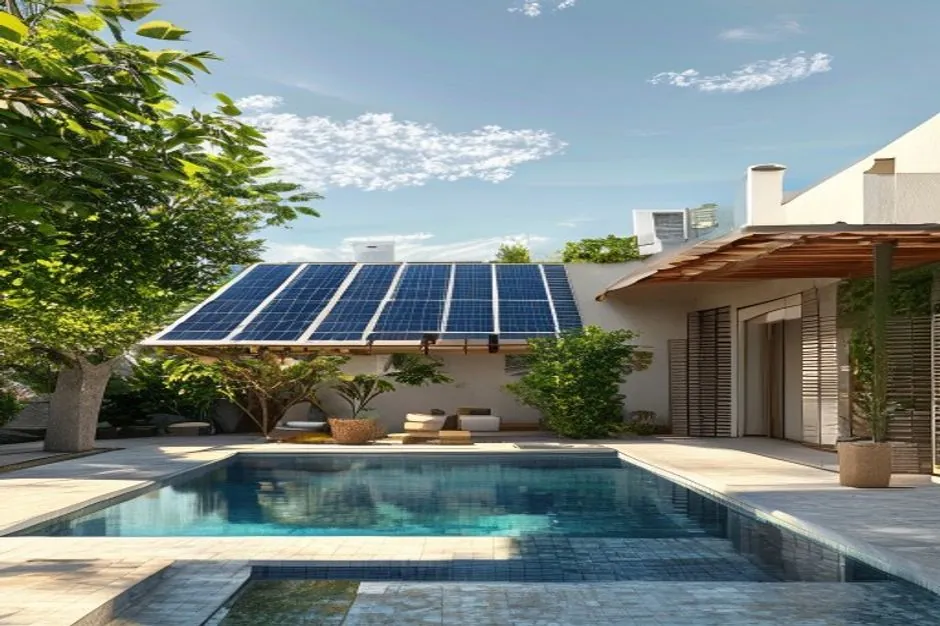 Illustration générée d’une villa varoise avec solaire et climatisation pendant une journée d’été