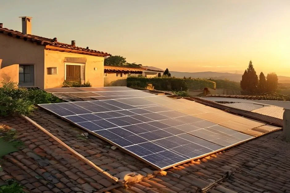 Illustration générée d’une installation photovoltaïque achevée sur une toiture méditerranéenne