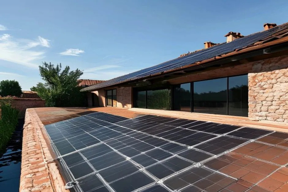 Illustration générée de panneaux photovoltaïques posés sur une toiture provençale en tuiles canal