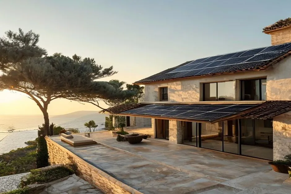 Illustration générée d’une villa méditerranéenne équipée de panneaux photovoltaïques face au littoral varois